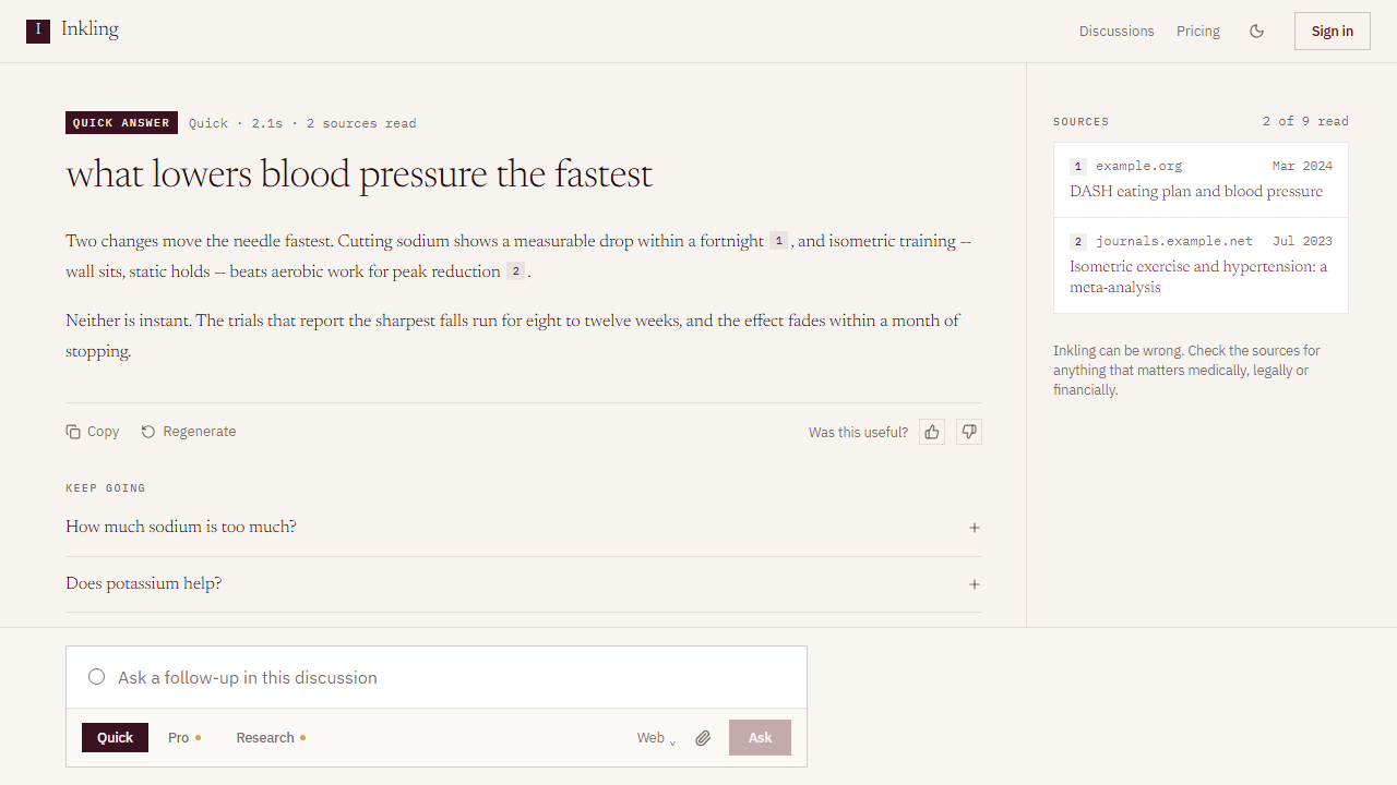 Inkling answer view showing inline citations and a source panel