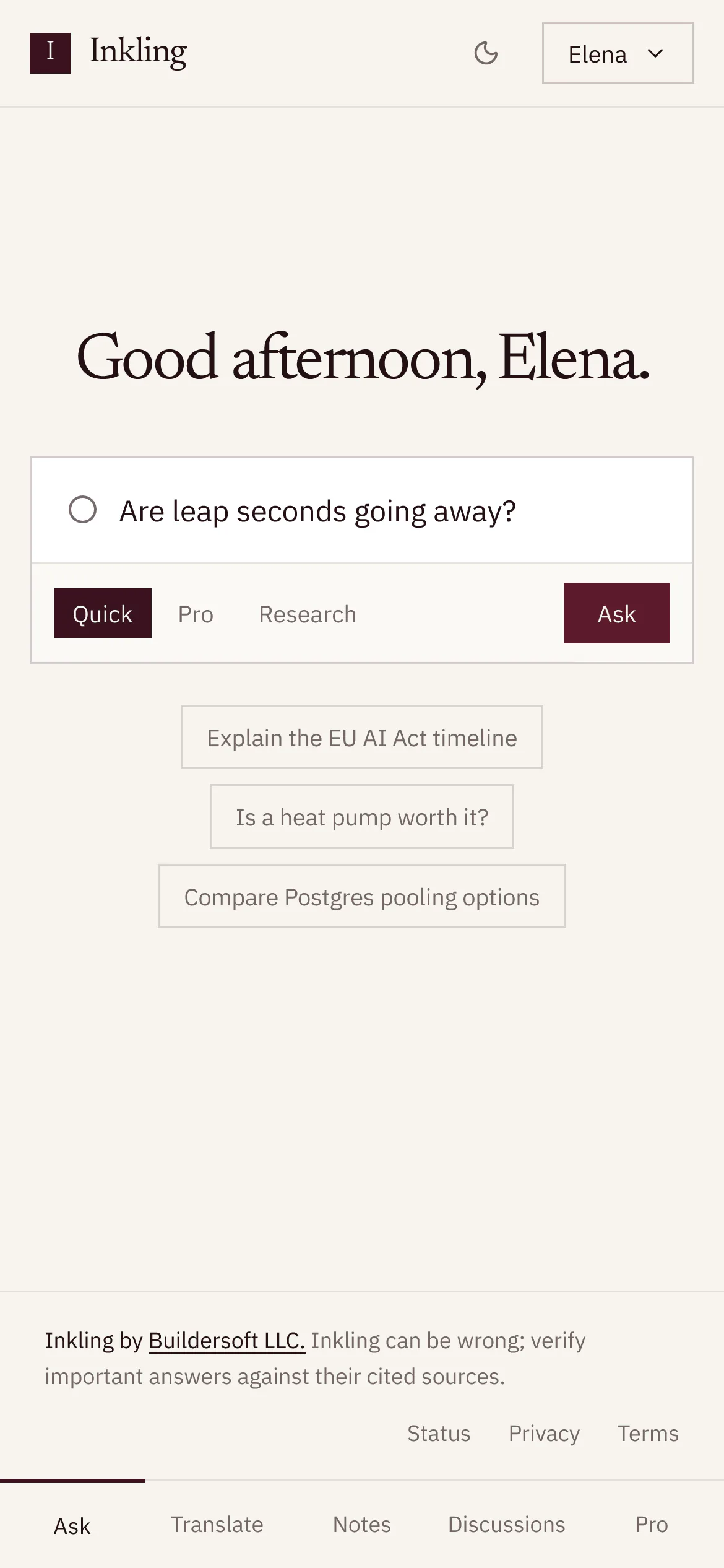 Inkling’s home page on a phone, signed in: a greeting, the ask box with a question typed, the Quick, Pro and Research depths with Quick selected, three starter questions and the tab bar.