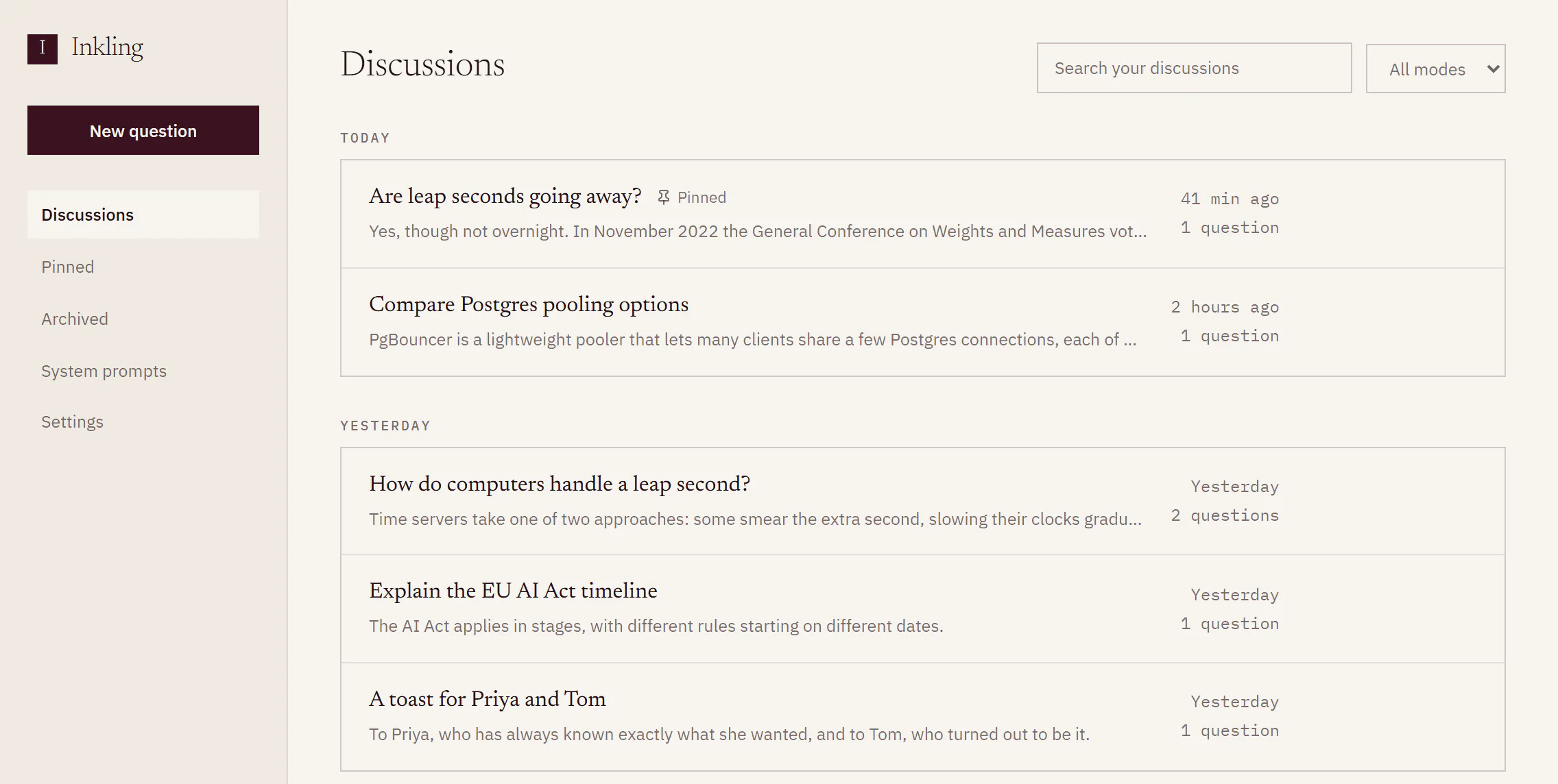 The Discussions list with today’s and yesterday’s discussions, one pinned, with the search box and the mode filter