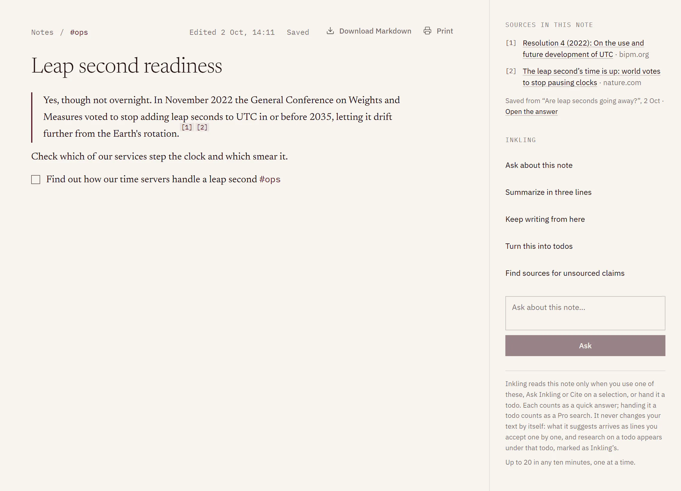 The note “Leap second readiness”, tagged #ops: a saved quote with citations 1 and 2, a todo, the Sources in this note column and the Inkling column with its five actions.