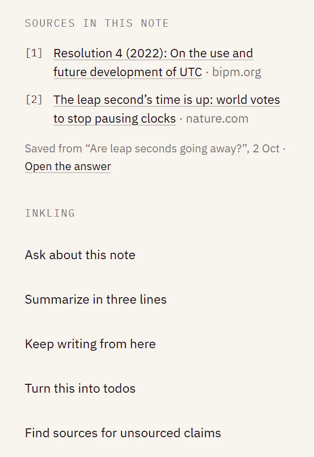 The column beside the note “Leap second readiness”: Sources in this note, the BIPM resolution and the Nature article, saved from “Are leap seconds going away?”, and the Inkling column’s five actions, from Ask about this note to Find sources for unsourced claims.
