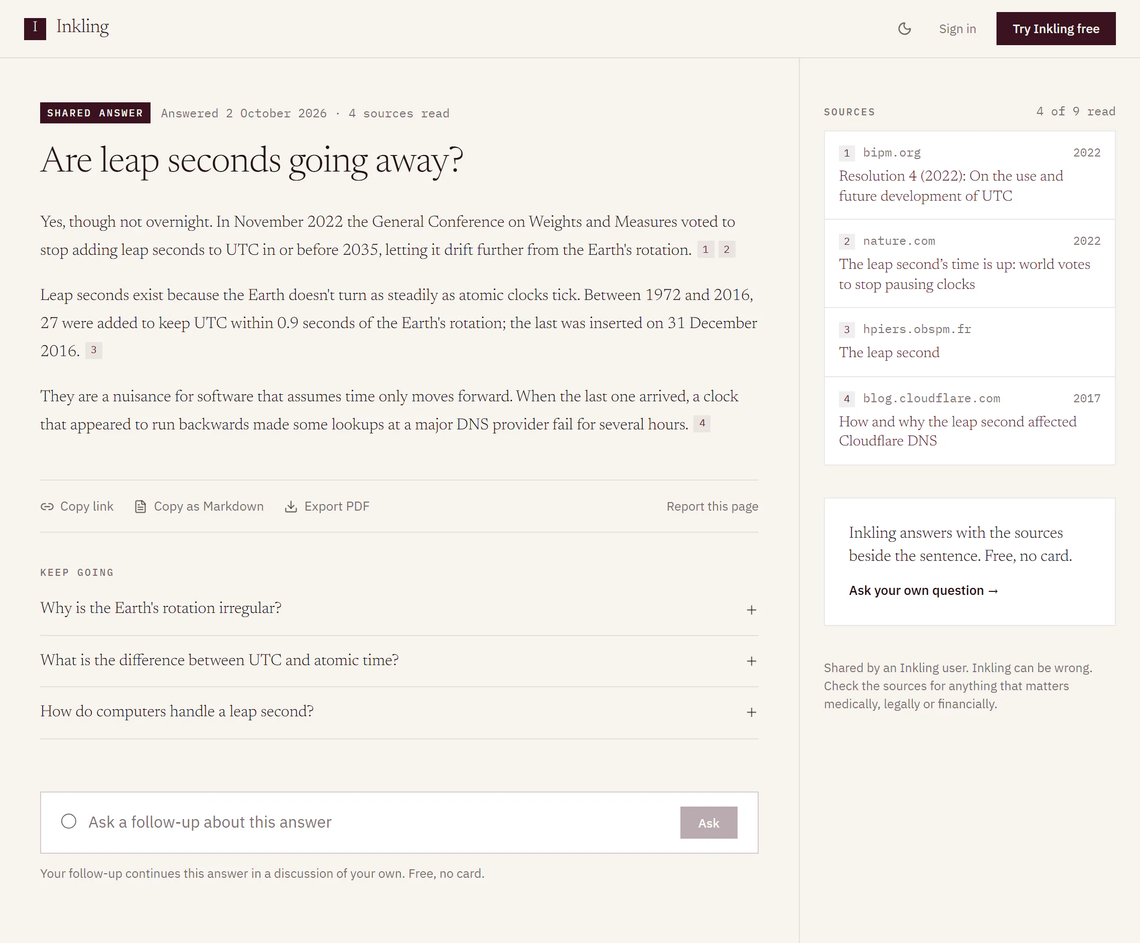 A shared page for the question “Are leap seconds going away?”: the answer with numbered citations, four source cards and Keep going questions