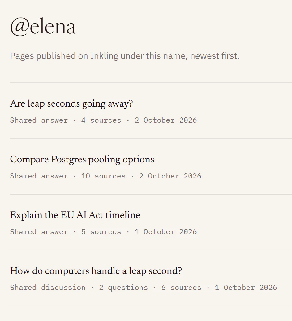 A public profile page listing four shared pages, each with its type, source count and date