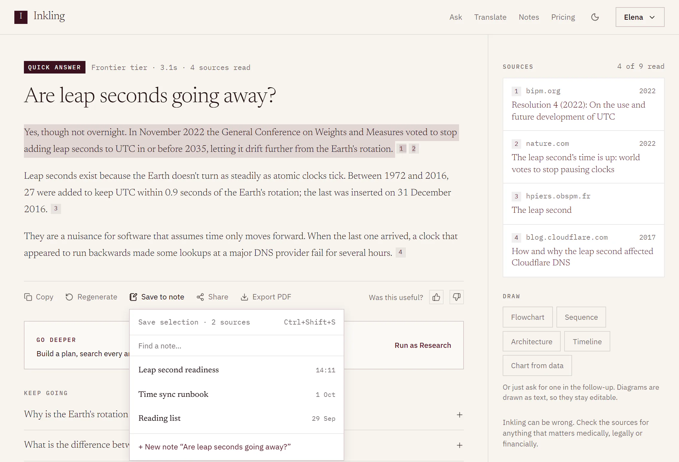 Save to note open over an answer: the first paragraph selected, “Save selection · 2 sources”, a note search, three recent notes and a New note option.