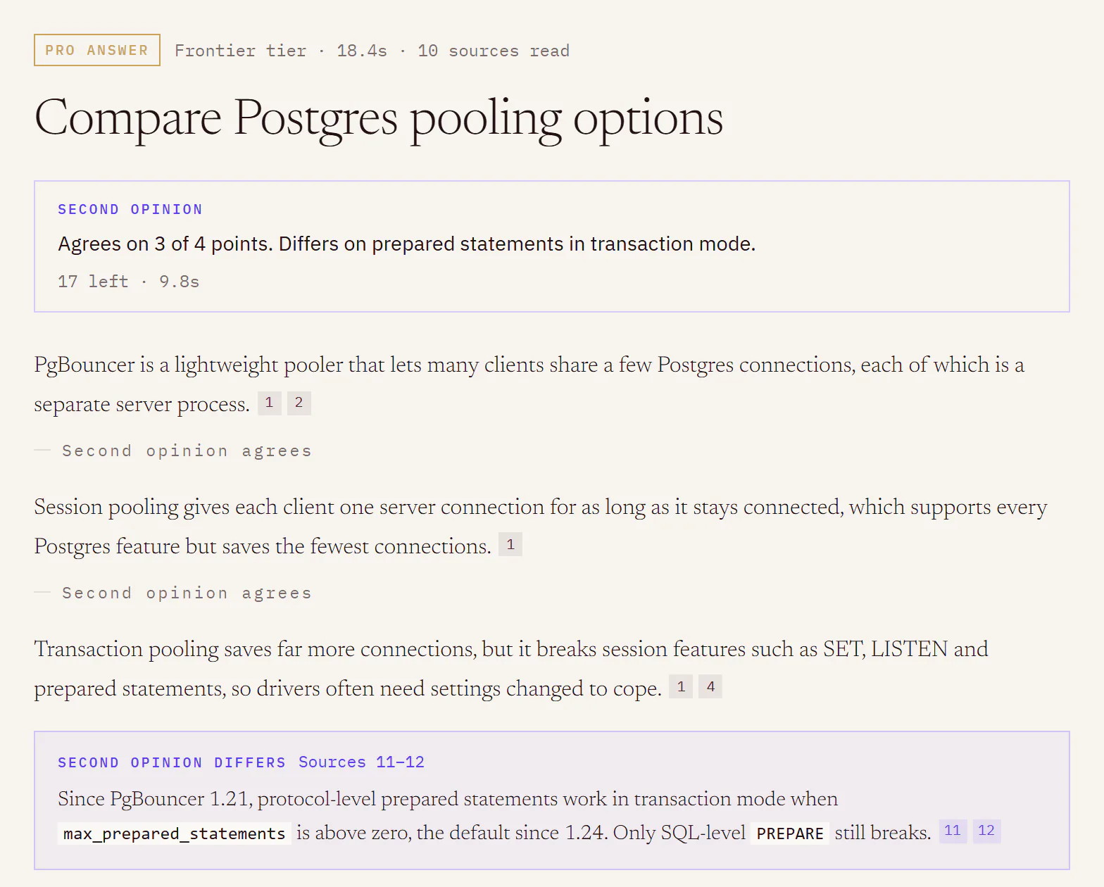 A Pro answer with its second opinion: “Agrees on 3 of 4 points”, agreement marks under the first two paragraphs, and a violet inset under the third where it differs, citing sources 11 and 12