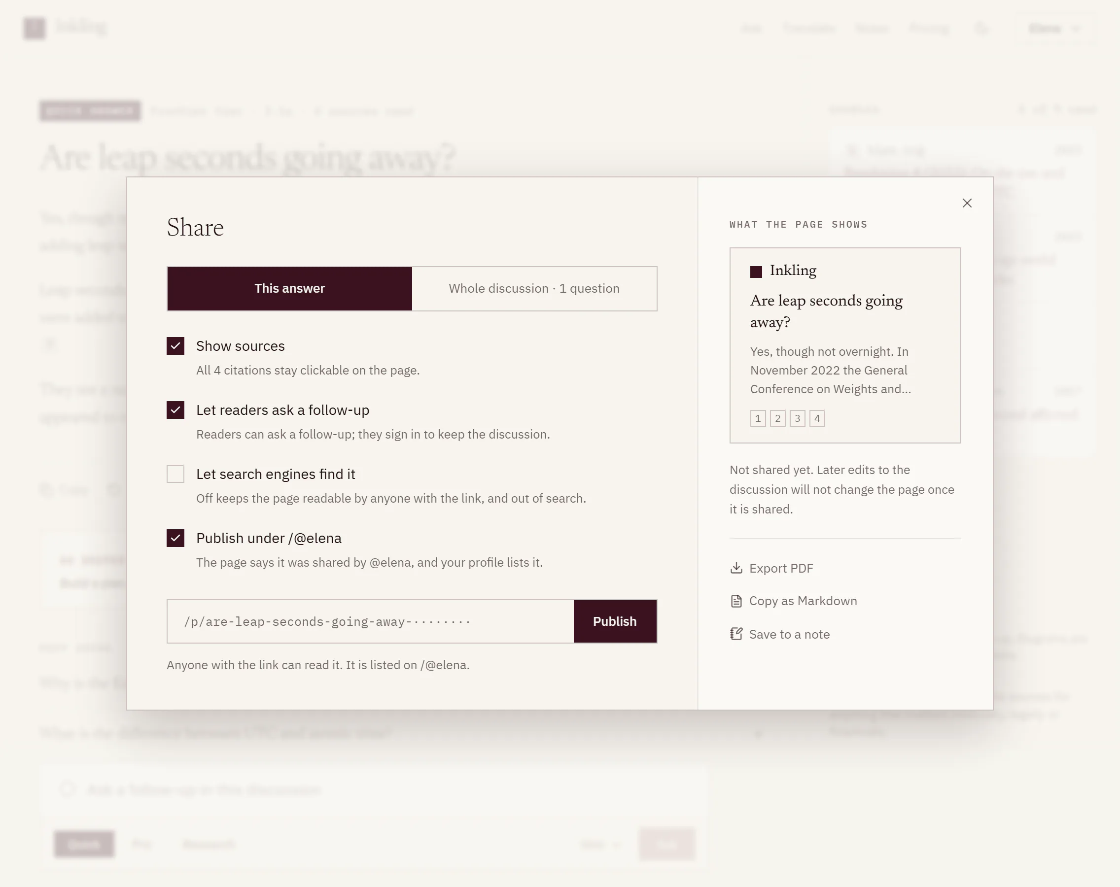 The Share sheet over an answer: This answer selected, the switches, and a preview of the page
