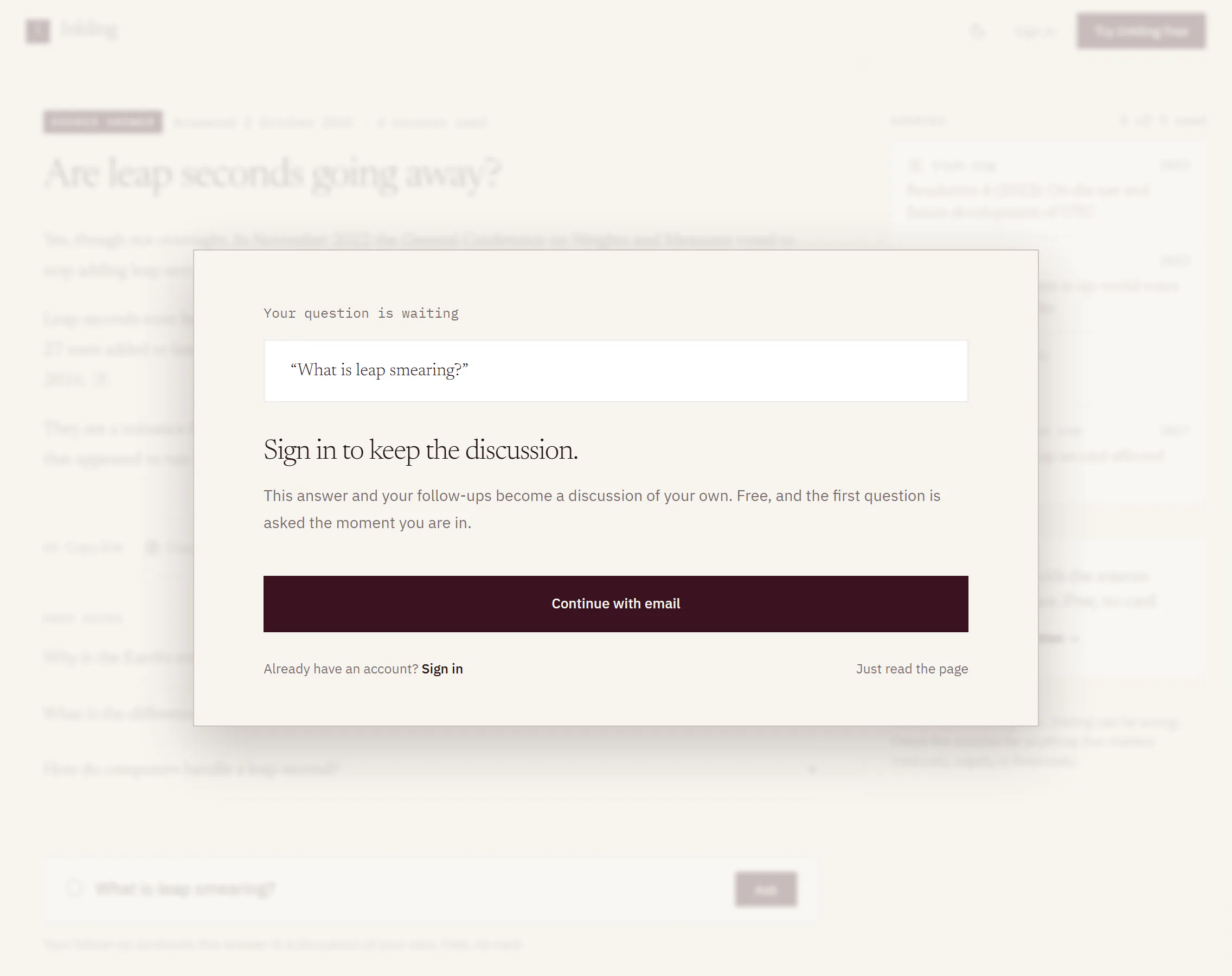 The dialog a signed-out reader sees after asking on a shared page: the question quoted, “Sign in to keep the discussion.” and Continue with email