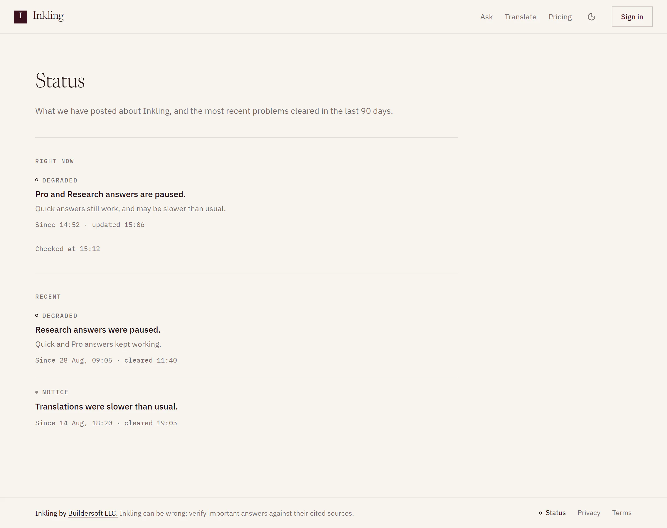 Inkling’s status page with a posted status saying Pro and Research answers are paused, and two recent problems that have cleared