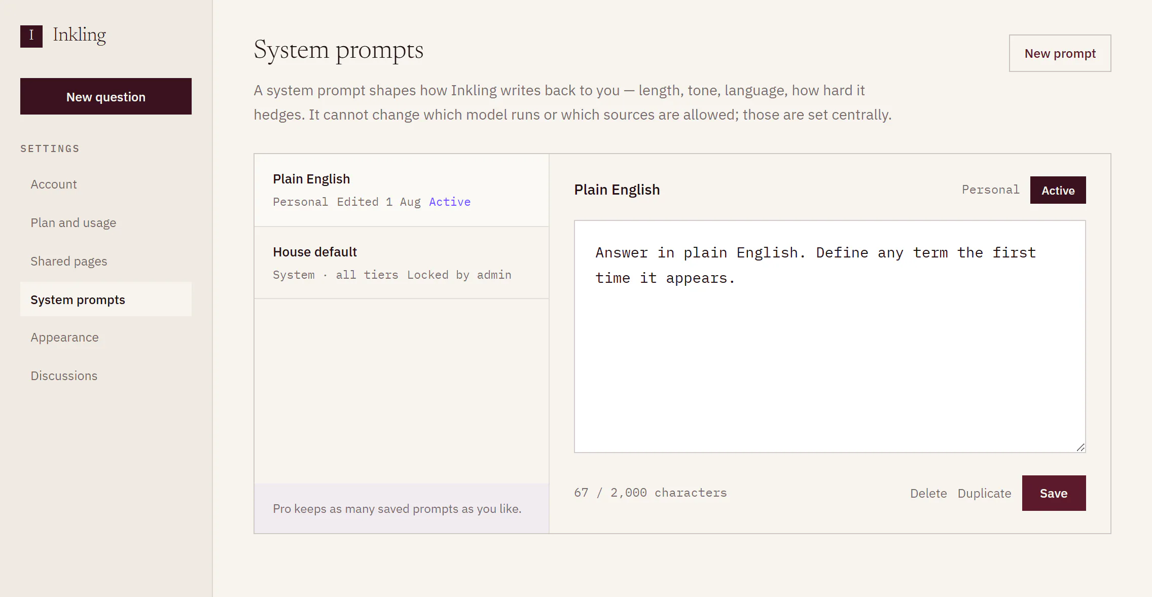 Settings › System prompts: a personal prompt, “Plain English”, active and open for editing, and a locked house default.