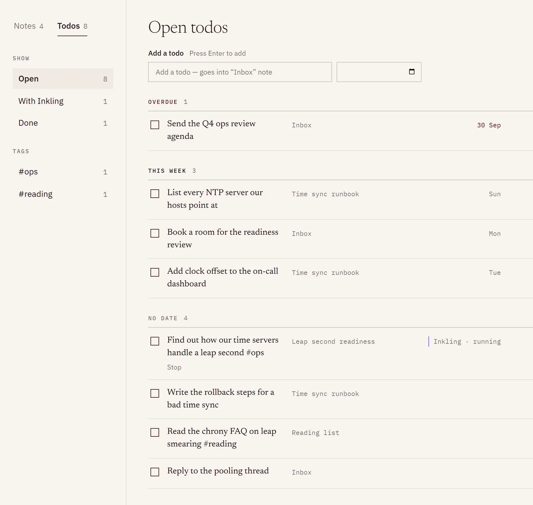 The Todos page grouped into Overdue, This week and No date, with one todo showing Inkling · running.