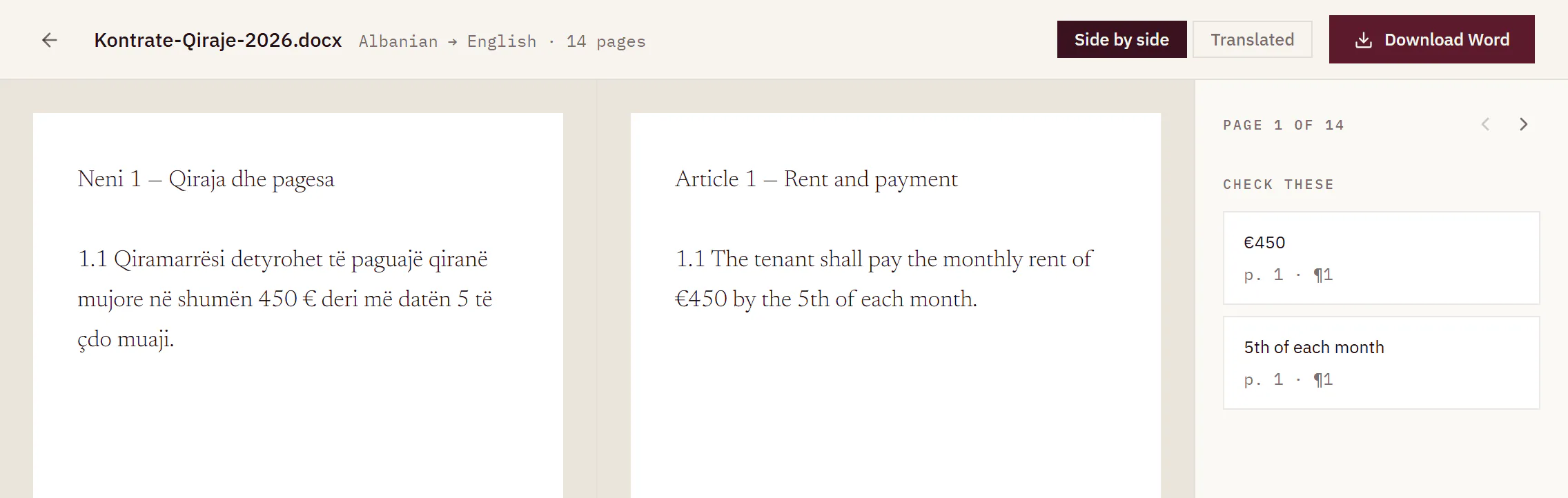 A translated Word document: Article 1, “Rent and payment”, in English beside the Check these list, which flags €450 and “5th of each month” on page 1 of 14.