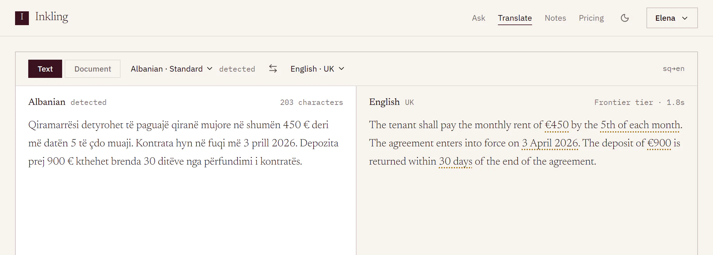A text translation from Albanian, detected, into English (UK), with the amounts, dates and duration that were carried over underlined