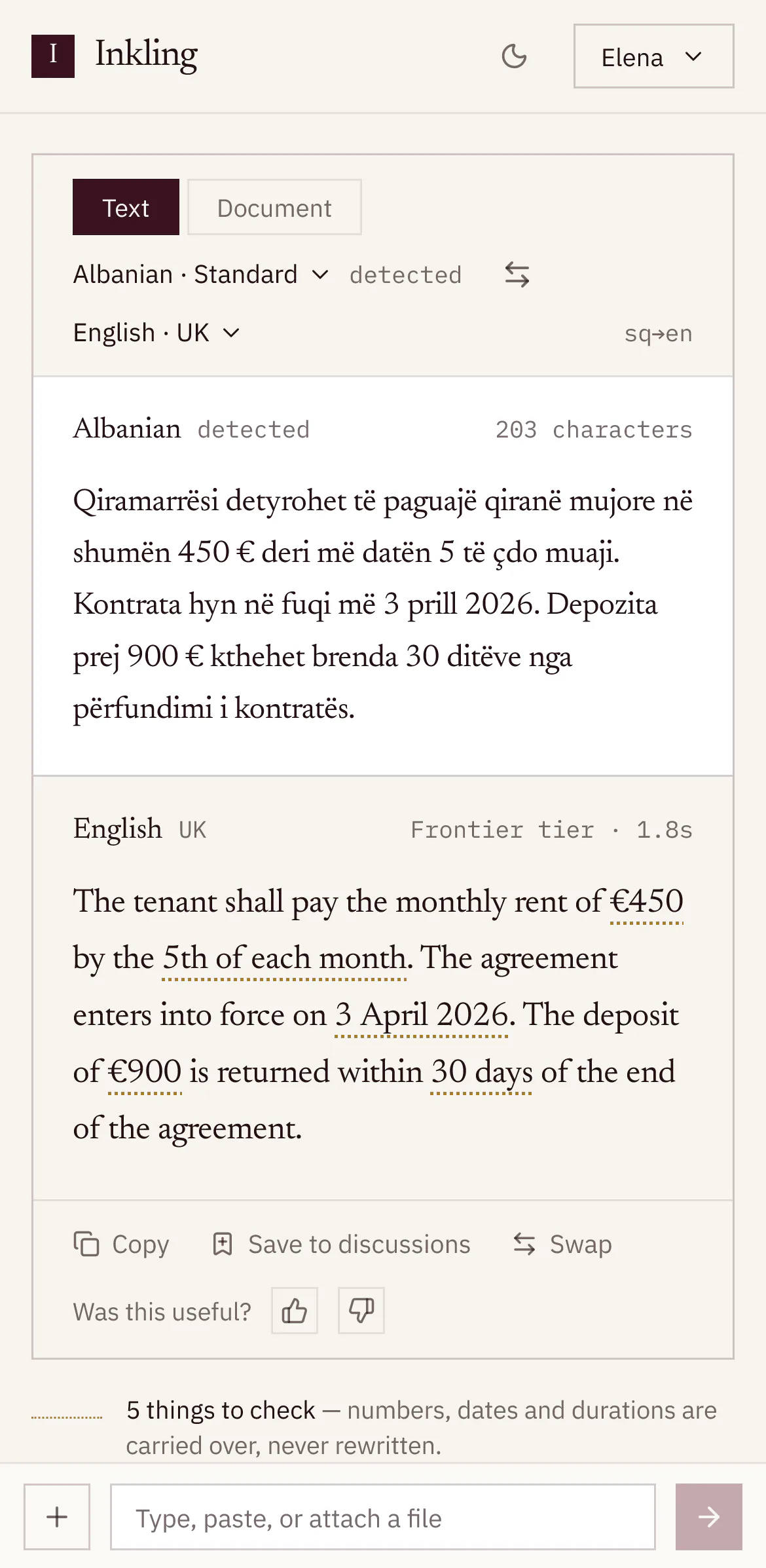 A text translation on a phone, with 5 things to check underlined and the note explaining them